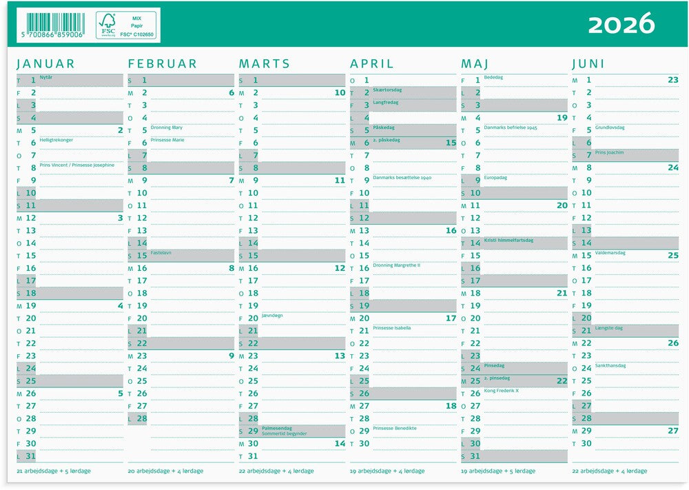 Mayland kartonkalender 25/26 A4 2x6 måneders oversigt