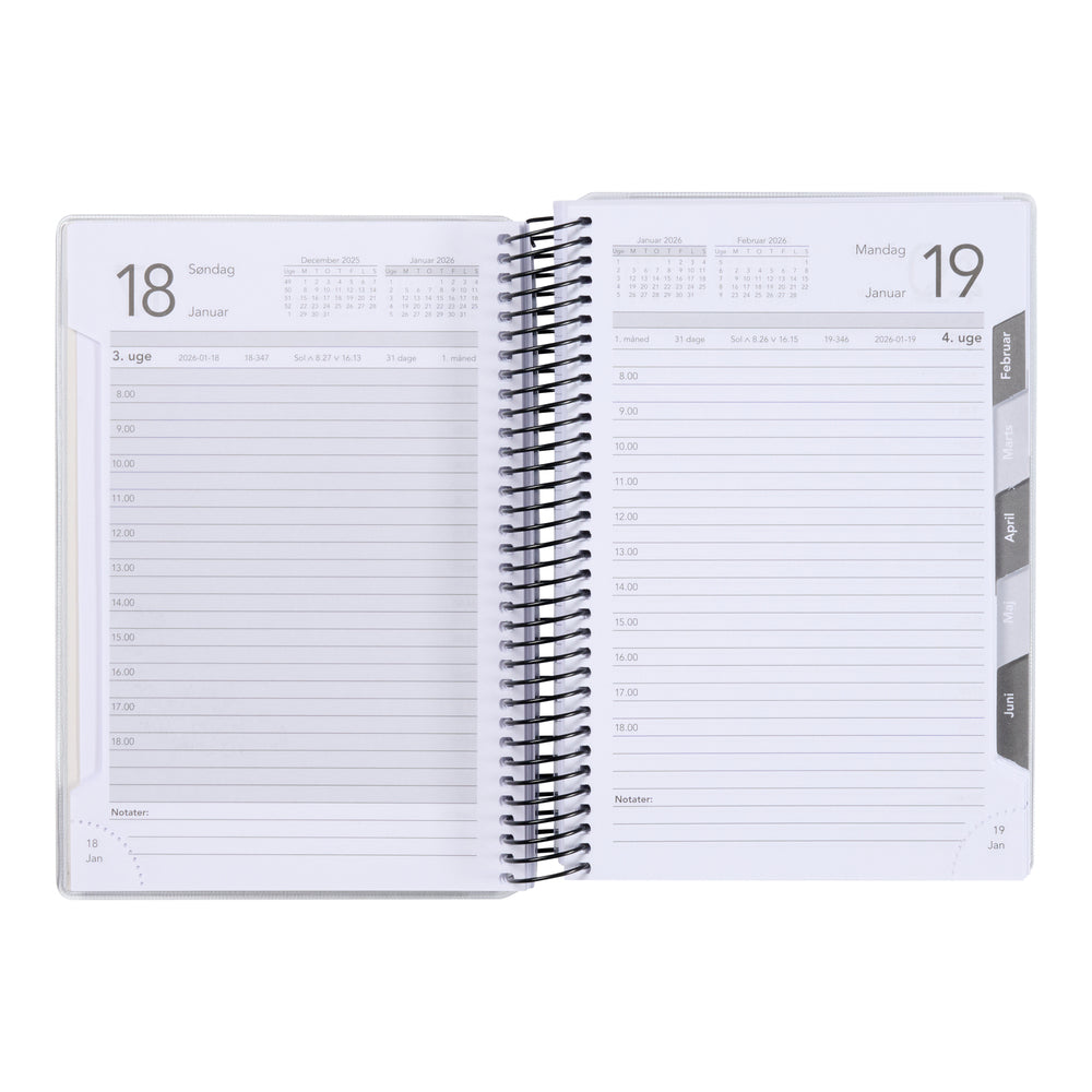 Spiral dagskalender 2026 klassisk sort/hvid