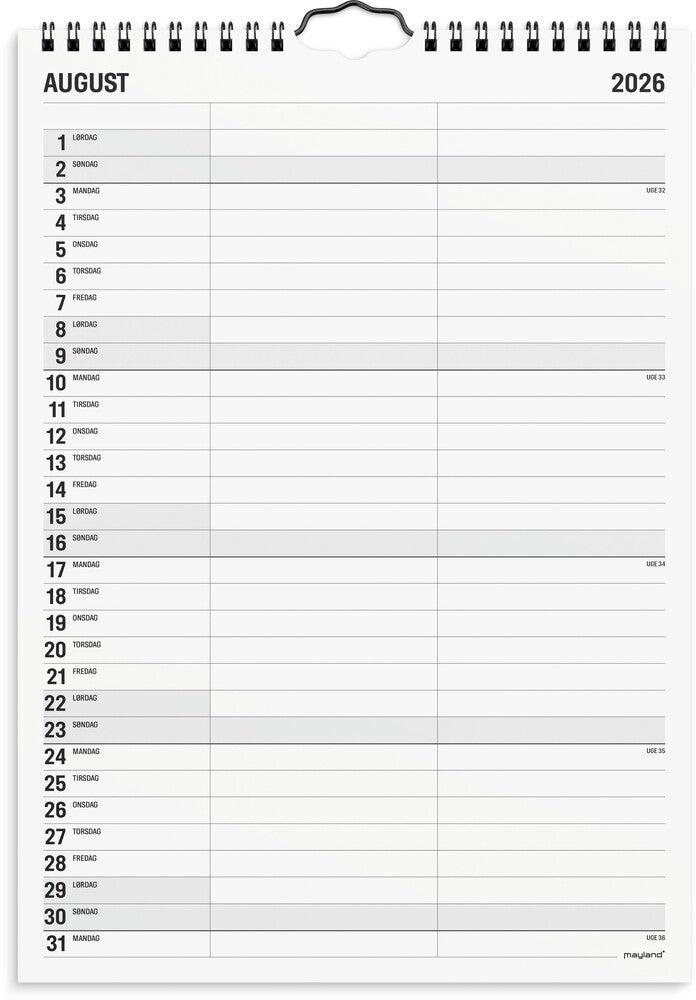 Familiekalender 2026 sort/hvid a4 2 kol
