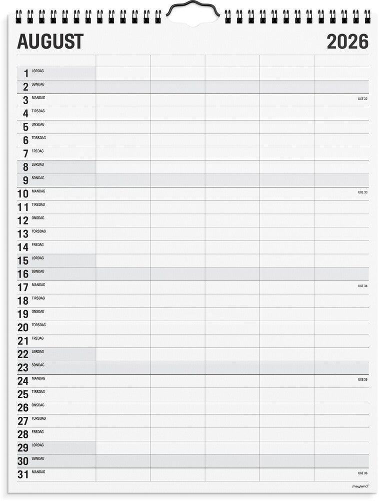 Familiekalender 2026 sort/hvid 5 kol