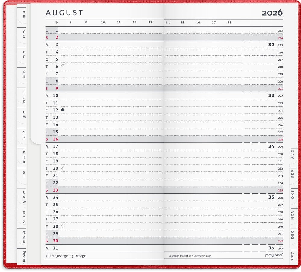 Index planner 2026 måned vinyl rød
