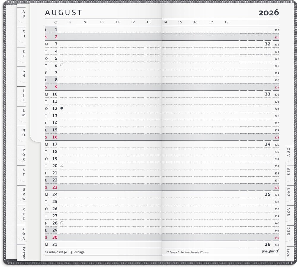 Index planner 2026 måned mørk grå