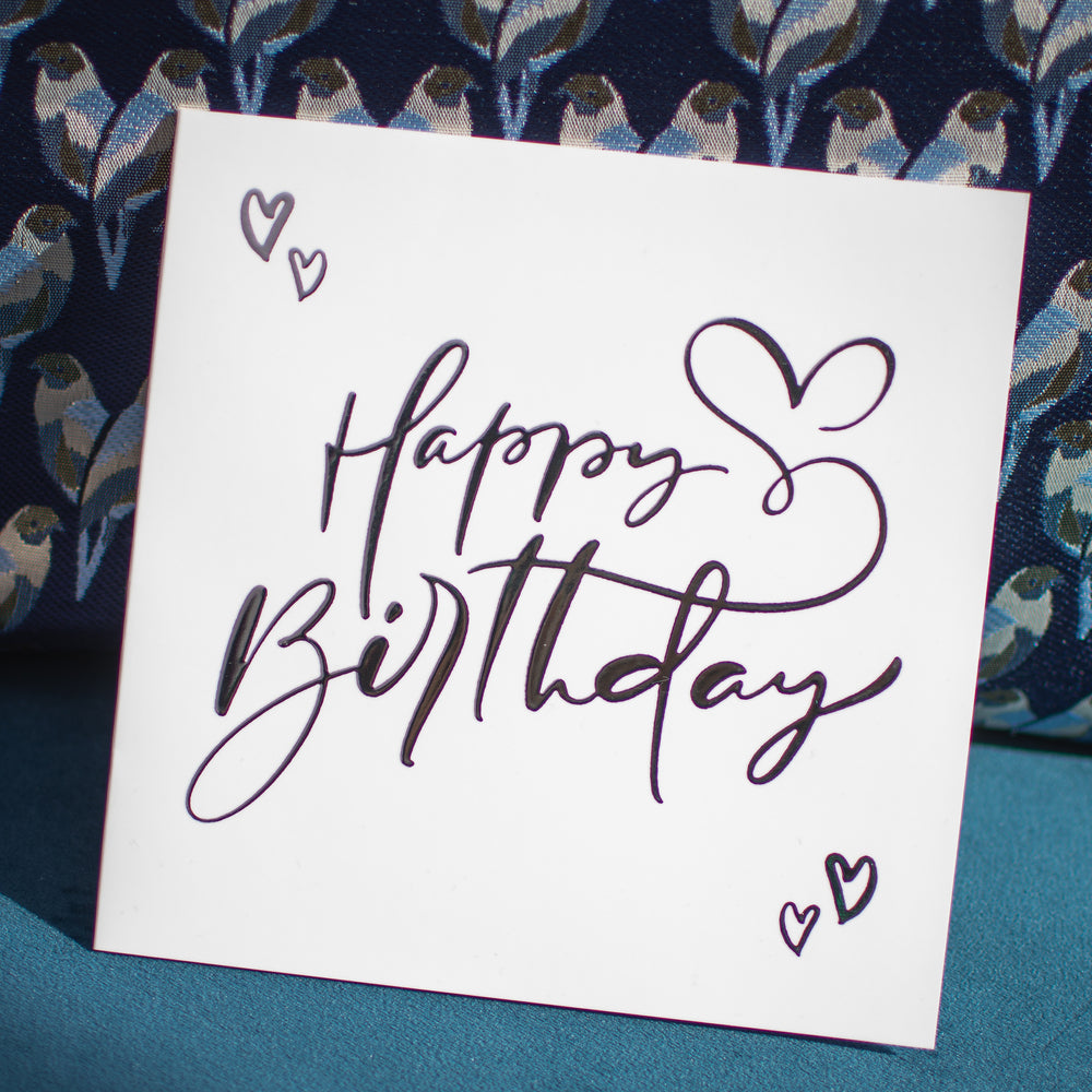 Kort Dobbelt m/konvolut Happy Birthday M/Sølv Folie