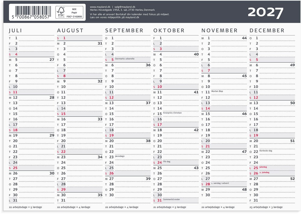 Kontorkalender 2027 moderne A5 Mayland 21 x 14,8 cm