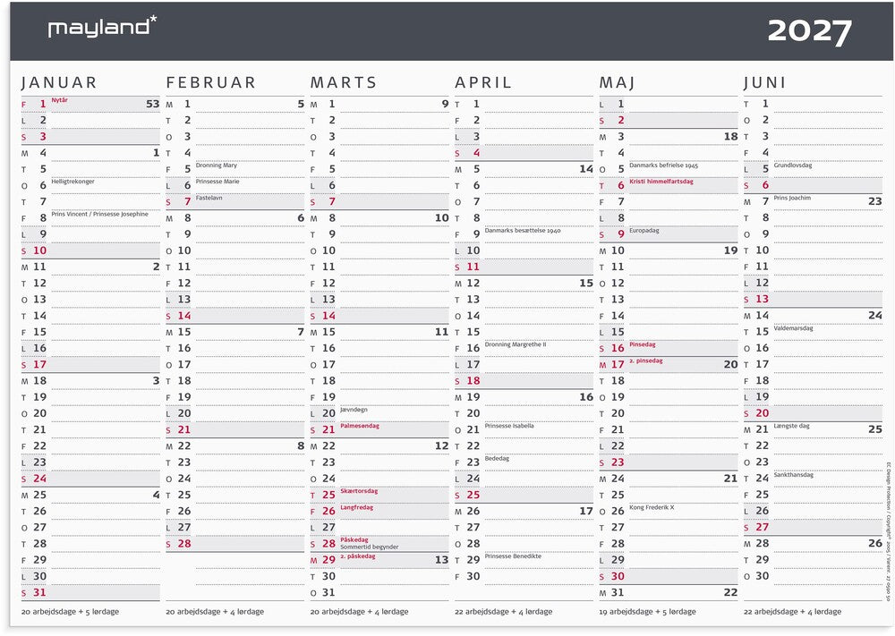 Kontorkalender 2027 moderne A4 Mayland 29,7 x 21 cm