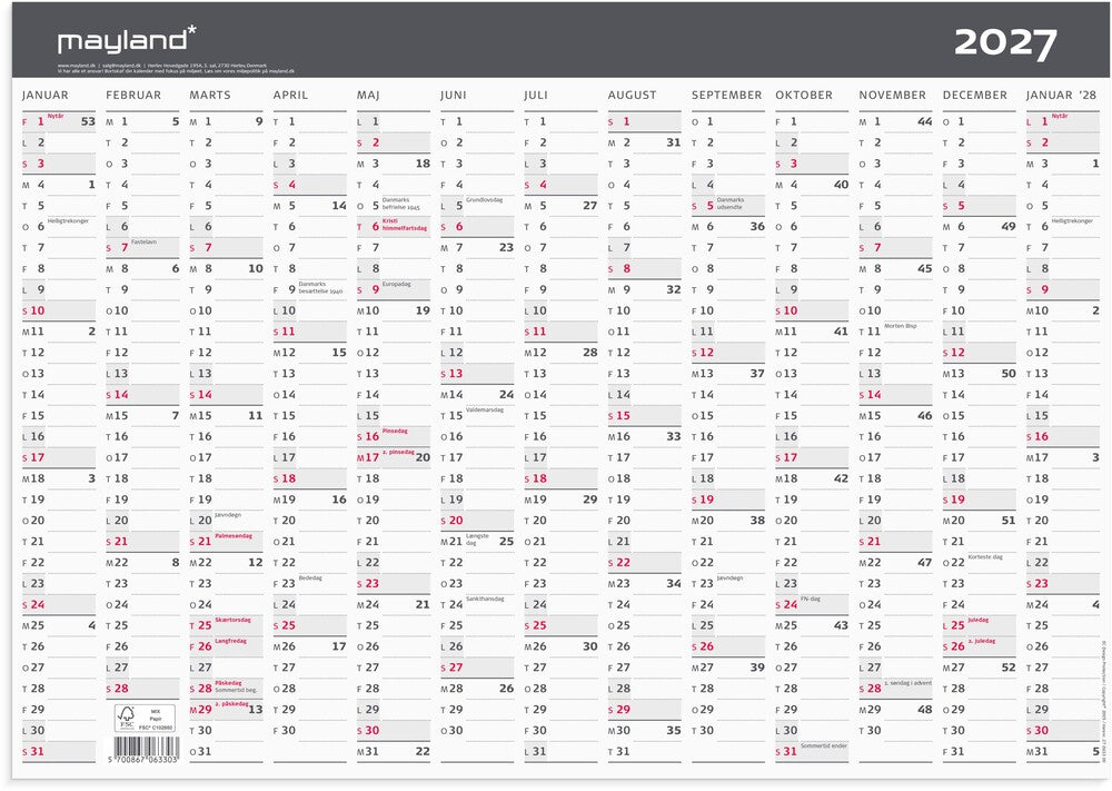 Kontorkalender 2027 moderne A3 1x13 mdr Mayland 42 x 29,7 cm