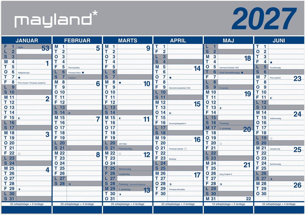 Kæmpekalender 2027 papir 2x6 mdr Mayland 100 x 70 cm