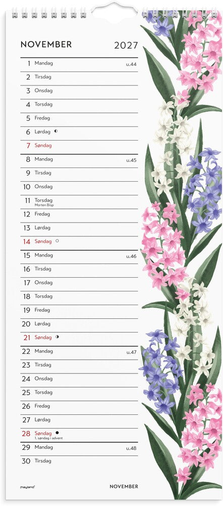 Vægkalender 2027 blomster karton vægophæng Mayland 19x43 cm