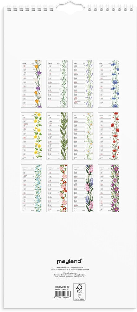 Vægkalender 2027 blomster karton vægophæng Mayland 19x43 cm