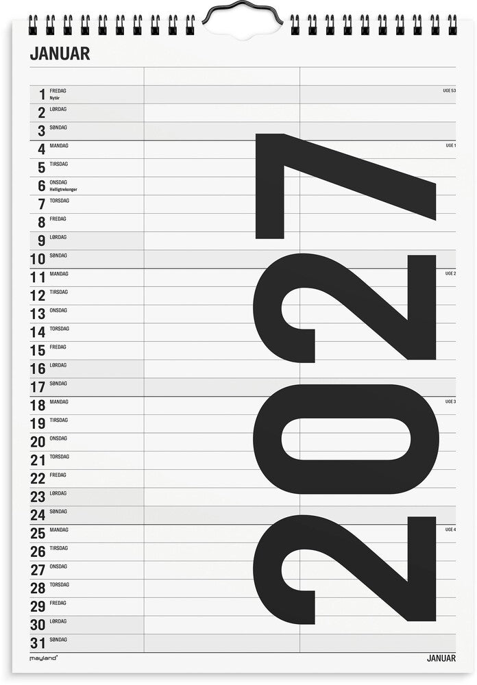 Familiekalender 2027 sort/hvid A4 2 kol Mayland 21 x 29,7 cm