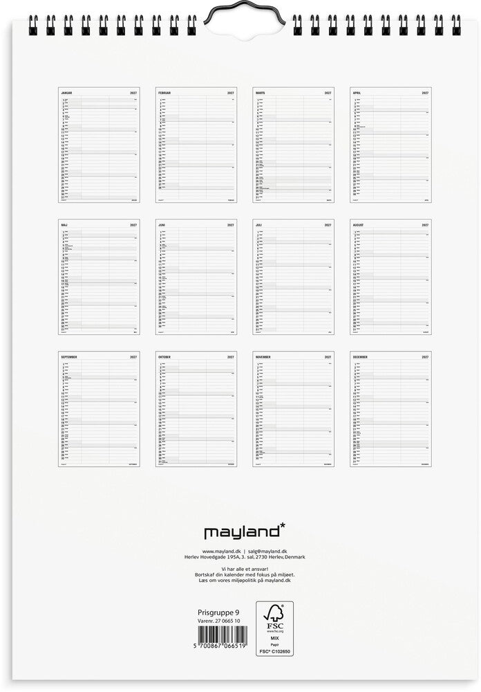 Familiekalender 2027 sort/hvid A4 2 kol Mayland 21 x 29,7 cm