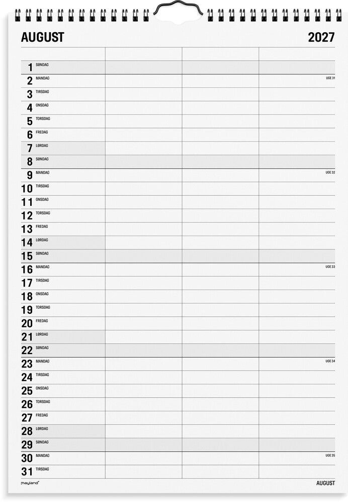 Familiekalender 2027 sort/hvid 3 kol Mayland 24 x 34 cm