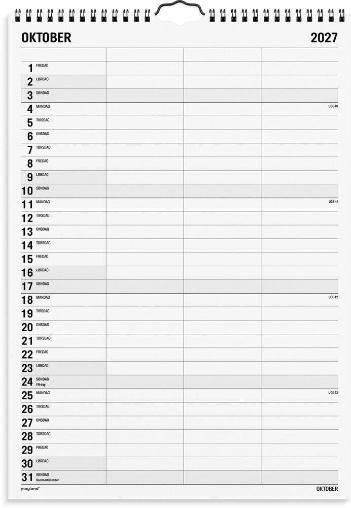 Familiekalender 2027 sort/hvid 3 kol Mayland 24 x 34 cm