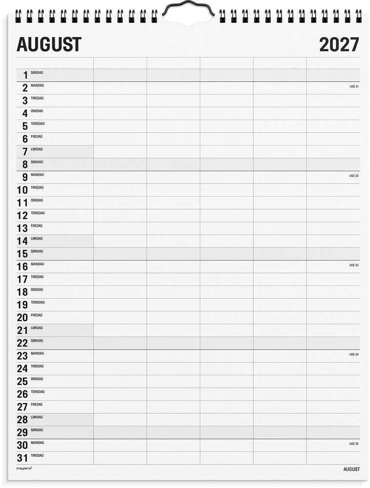 Familiekalender 2027 sort/hvid 5 kol Mayland 29,5 x 39 cm
