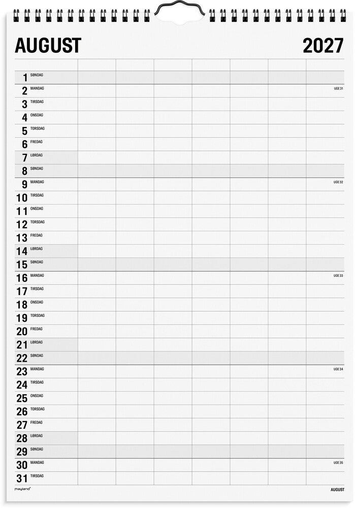 Familiekalender 2027 sort/hvid 7 kol Mayland 43 x 48 cm