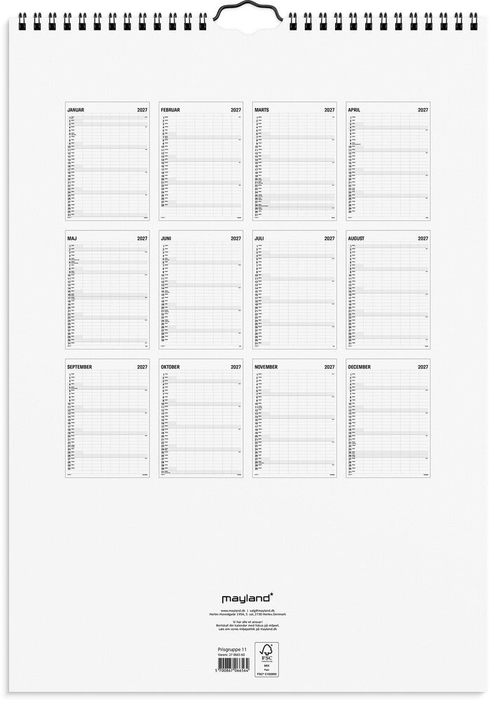 Familiekalender 2027 sort/hvid 7 kol Mayland 43 x 48 cm