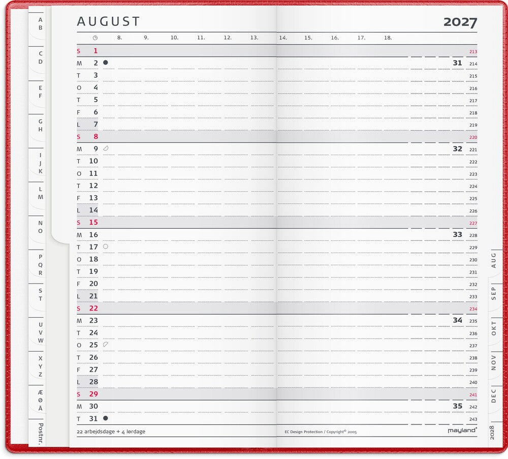 Index planner 2027 måned vinyl rød Mayland 9 x 17 cm