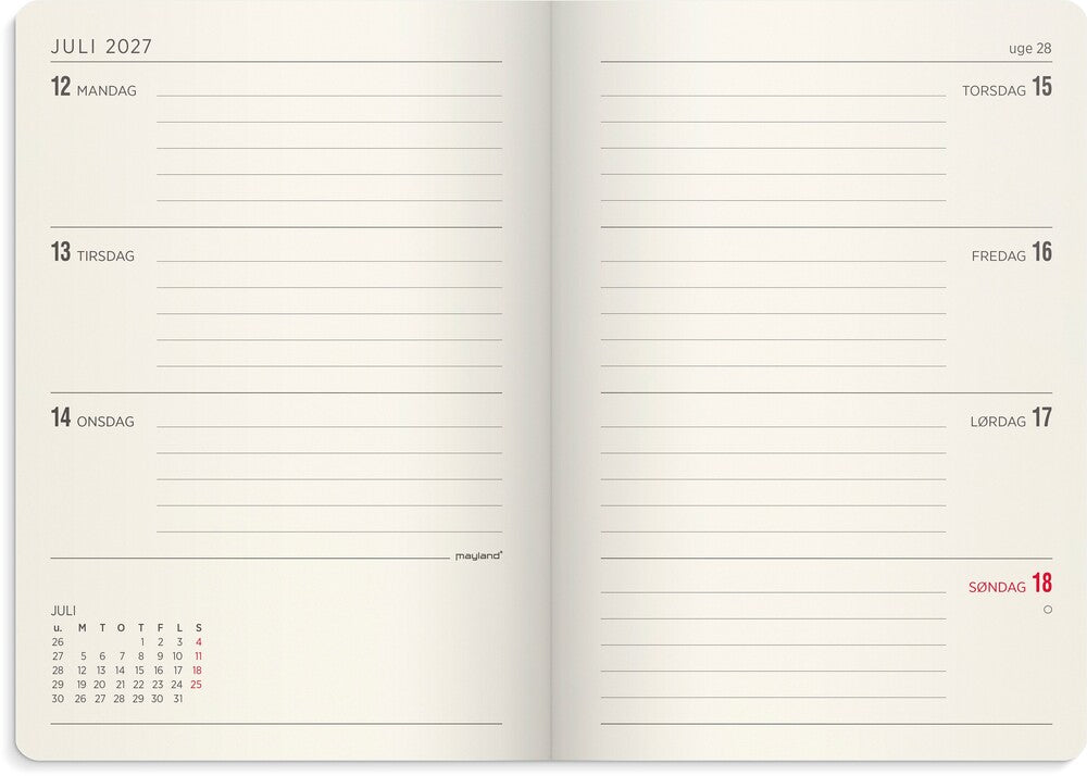 Ugekalender 2027 forma A6 grøn kunstskind Mayland tværformat