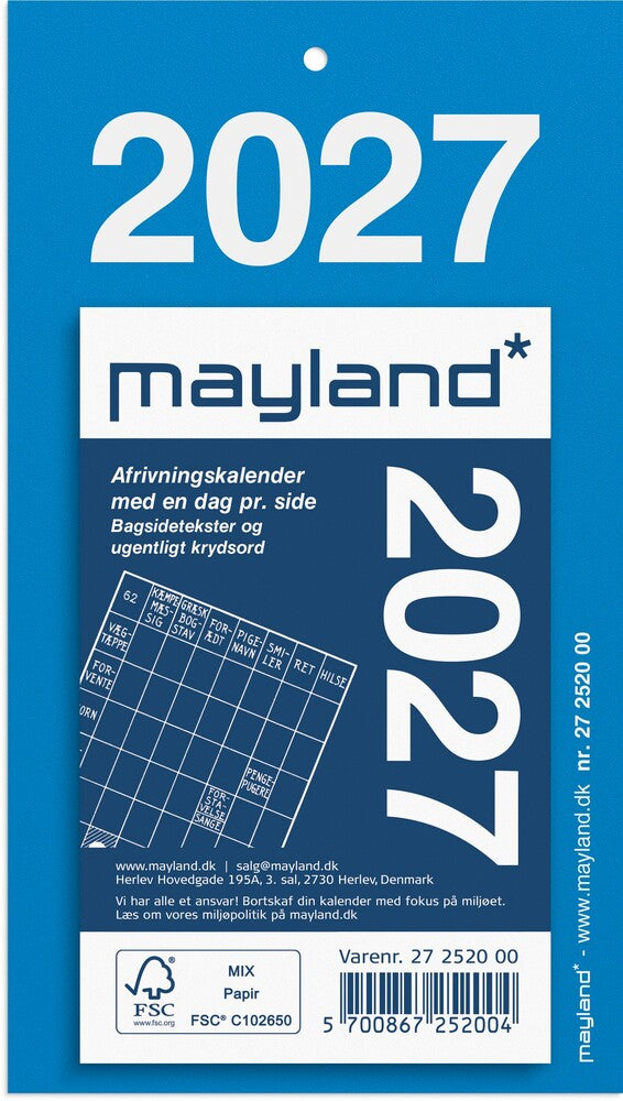Afrivningskalender 2027 m/bagsidetekst Mayland 6,1 x 9,8 cm