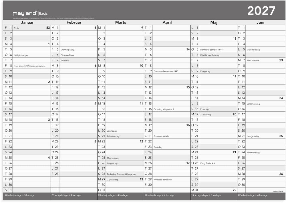 Kontorkalender basic 2027 a2 m/wb funktion og pen Mayland