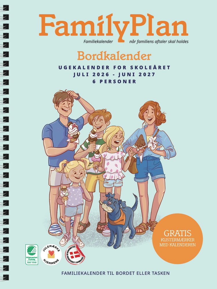 Familyplan skoleåret 2026/2027 Bordugekalender m/6 kolonner