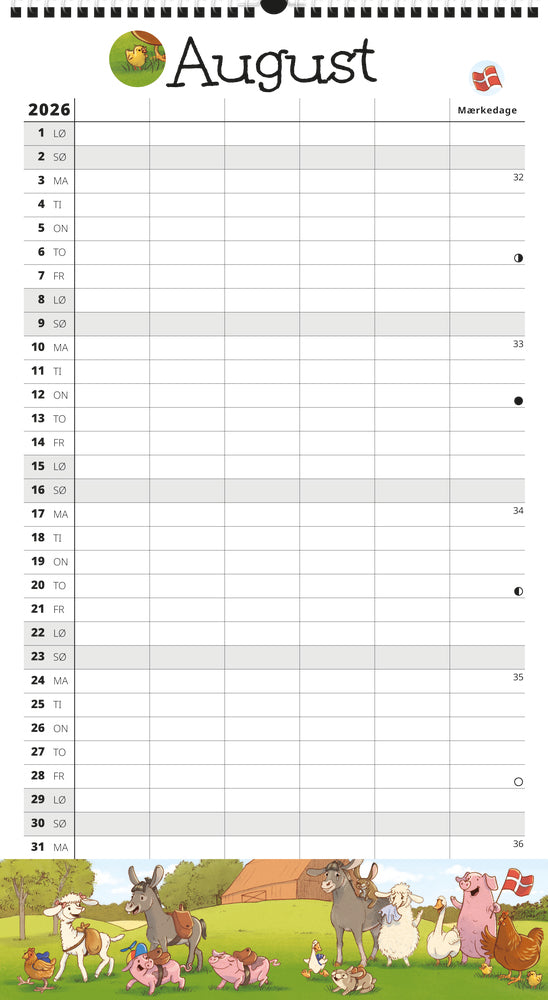 Familyplan skoleåret 26/27 Bondegårdsdyr m/5 kolonner