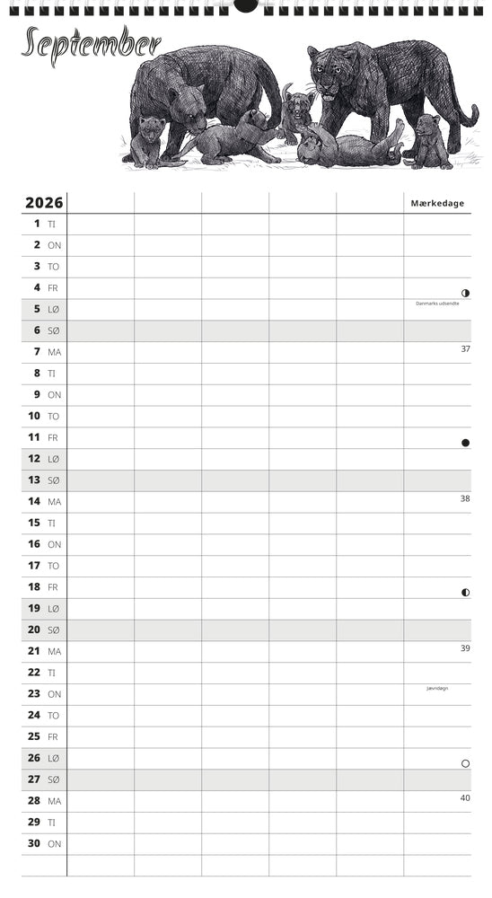 Familyplan skoleåret 26/27 Wild sort/hvid m/5 kolonner