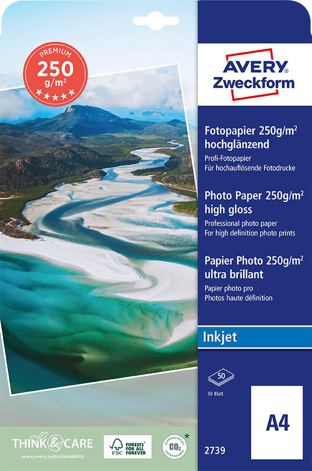 Fotopapir Avery inkjet A4 50 ark/250g Premium Glossy Side