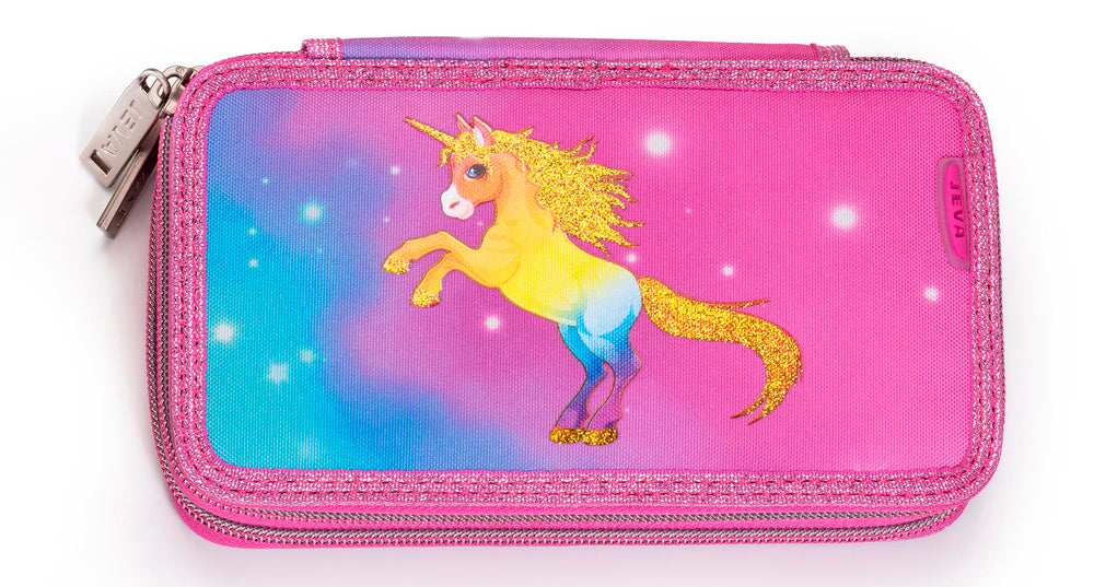 Penalhus Jeva twozip rainbow unicorn m/indhold
