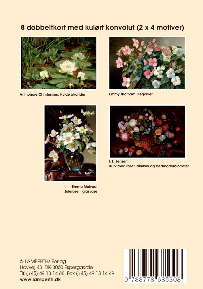 8 dobbeltkort m. motiver af danske blomstermalere og creme konvolut