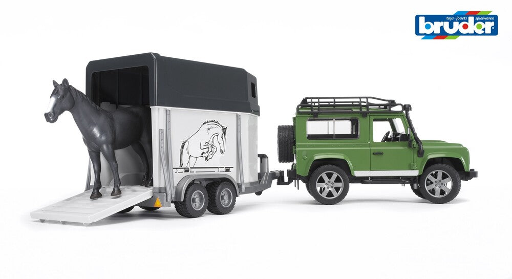Bruder Land Rover Defender Station Wagon med hestetrailer + 1 hest