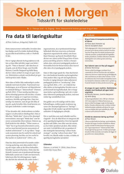 Skolen i Morgen. Nr. 5 Februar 2016. 19. årgang. Tema: Elevcentreret ledelse gennem brug af data