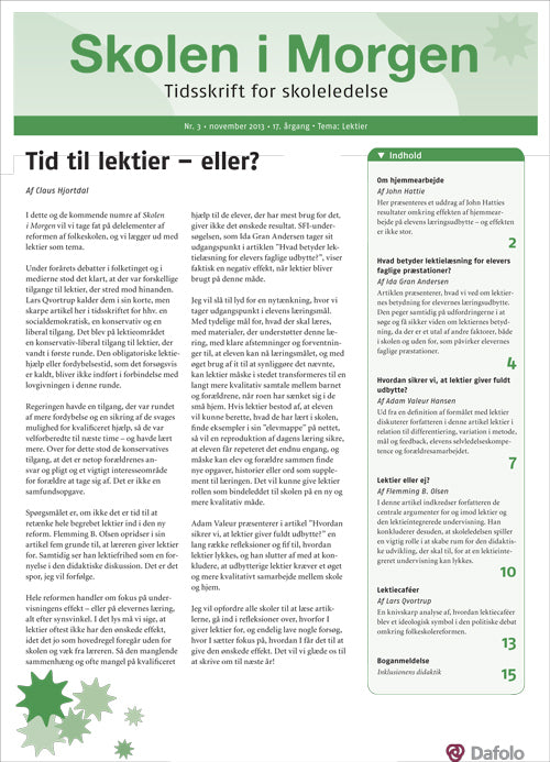 Skolen i Morgen. Nr. 3. November 2013. 17. årgang. Tema: Lektier