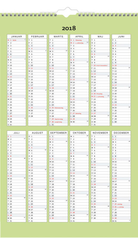 FAMILIE ÅRSKALENDER 5 KOLONNER, 2018 MAYLAND