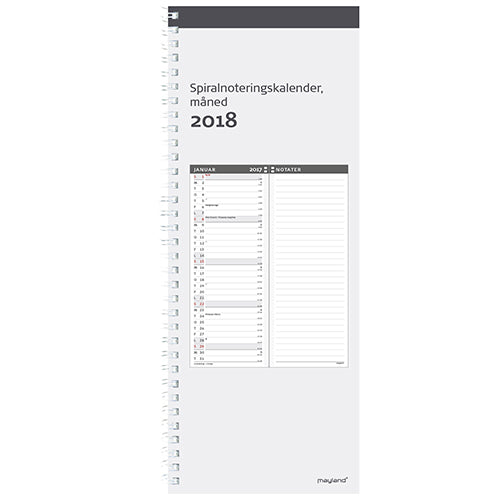 SPIRAL NOTERINGSKALENDER MÅNED  2018 MAYLAND