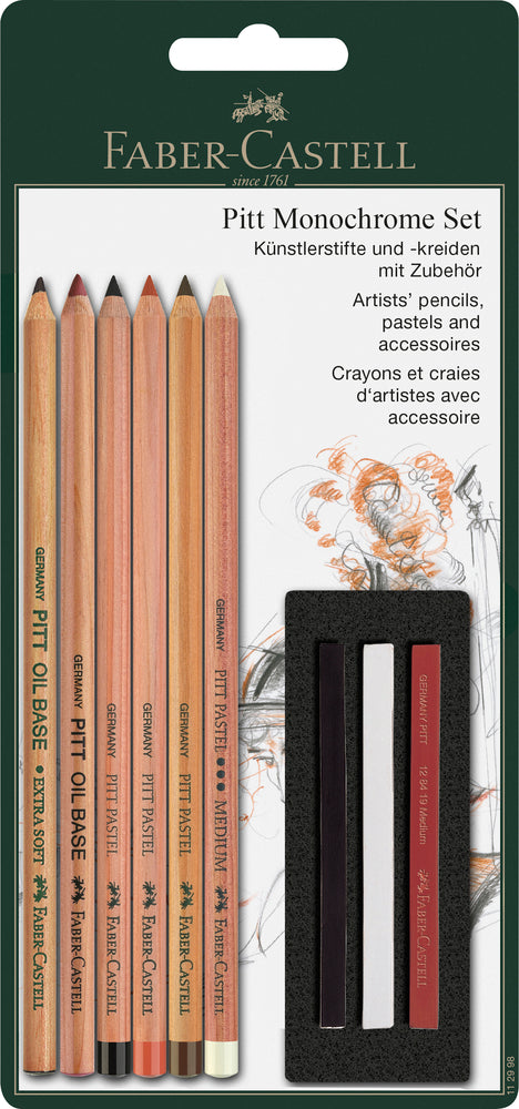 Farveblyant Pitt Monoc. Sæt Faber Castell 5 Pastel, 3 Kridt