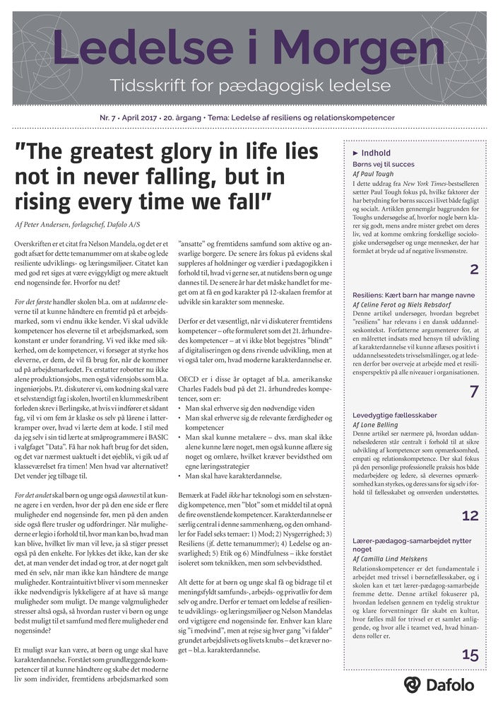 Ledelse i Morgen. Nr. 7. April 2017. 20. årgang. Tema: Ledelse af resiliens og relationskompetencer