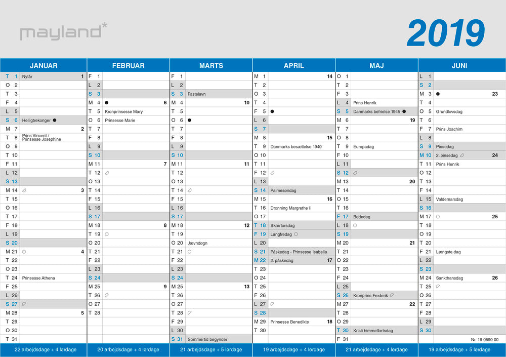 KONTORKALENDER A4 KLASSISK  2019 MAYLAND