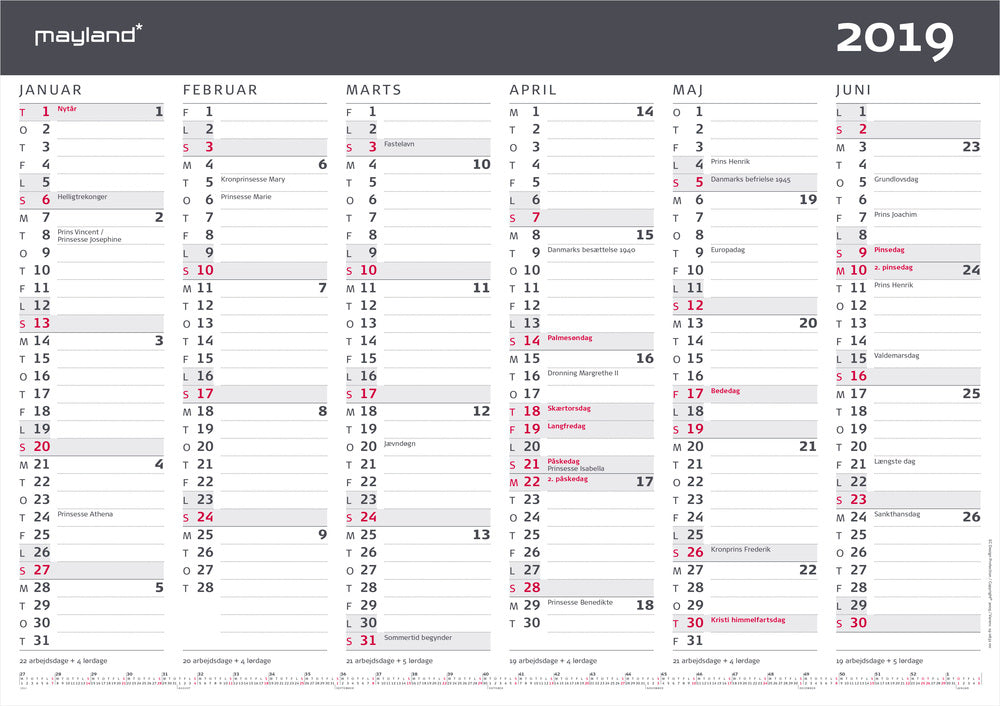KONTORKALENDER A3 KLASSISK  2019 MAYLAND