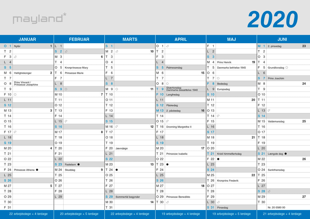 Kontorkalender A5 klassisk  2020 Mayland