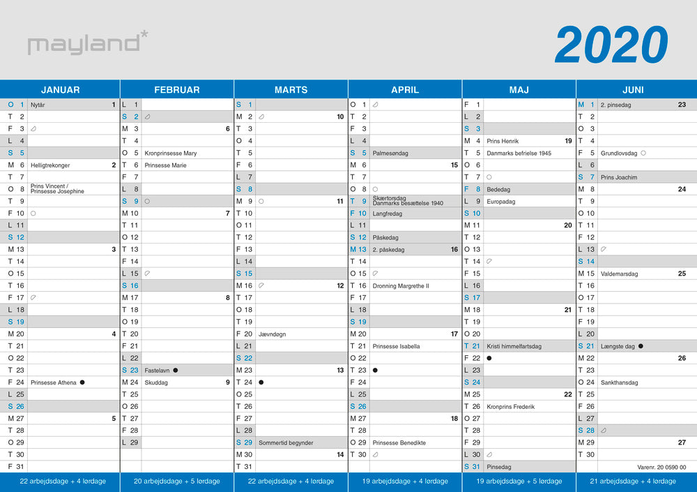 KONTORKALENDER A4 KLASSISK  2020 MAYLAND