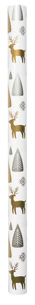 GAVEPAPIR GULD/SØLV METALLIC RENSDYR/JULETRÆER 3 M X 70 CM
