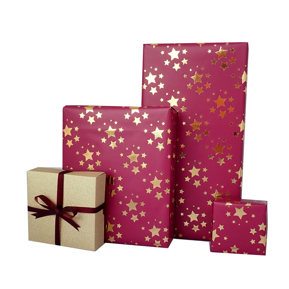 GAVEPAPIR BORDEAUX STJERNE M/GULD FOIL 1 M X 70 CM