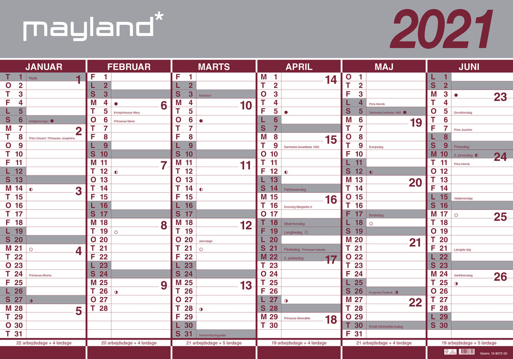 Kalender kæmpe 20/21 Mayland 2x6 mdr. papir  rør
