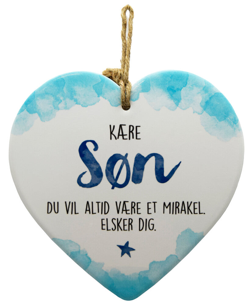 Keramikhjerte søn enjoy hvid & lyseblå 15,5 x 15,5 cm