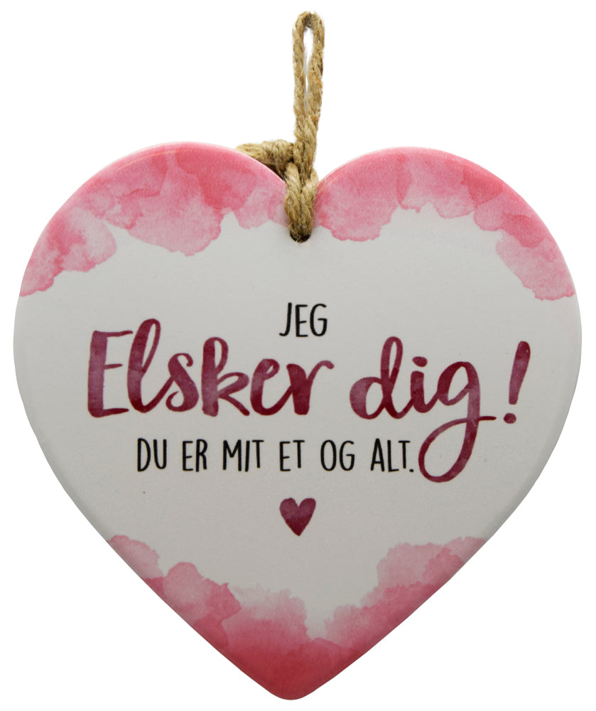 Keramikhjerte elsker dig enjoy hvid & rød  15,5 x 15,5 cm