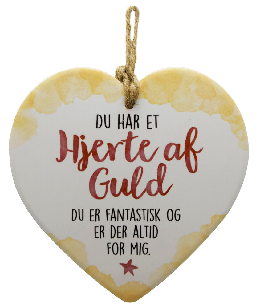Keramikhjerte hjerte af guld enjoy hvid & gul 15,5 x 15,5