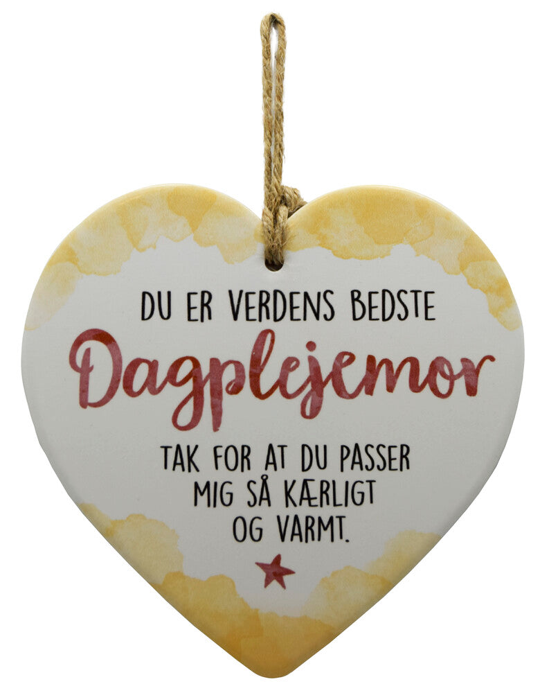Keramikhjerte dagplejemor enjoy hvid & gul 15,5 x 15,5 cm