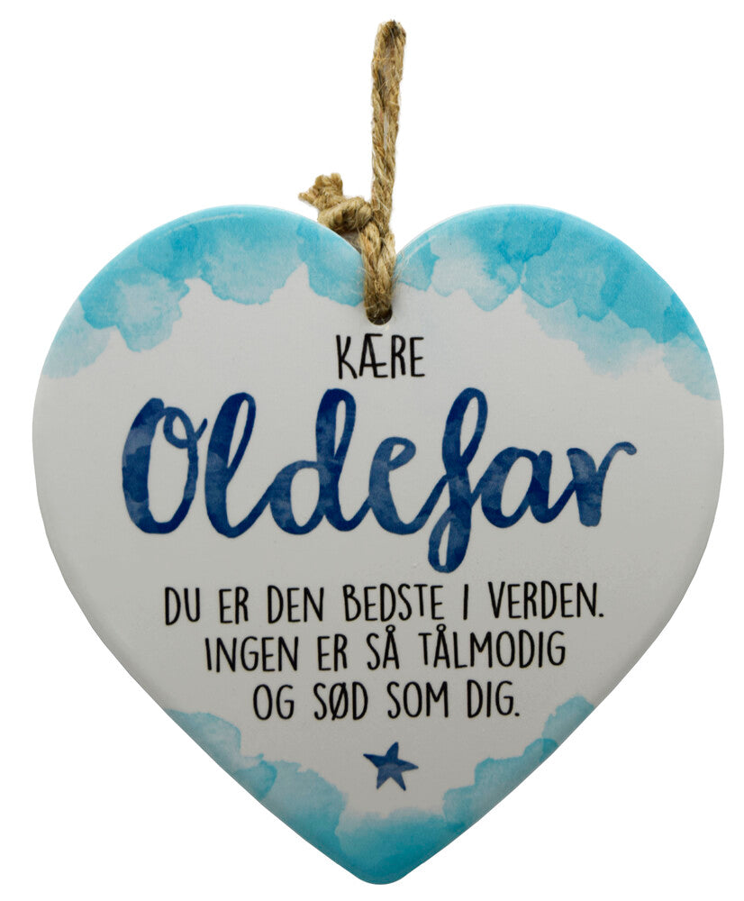Keramikhjerte oldefar enjoy hvid & lyseblå 15,5 x 15,5 cm