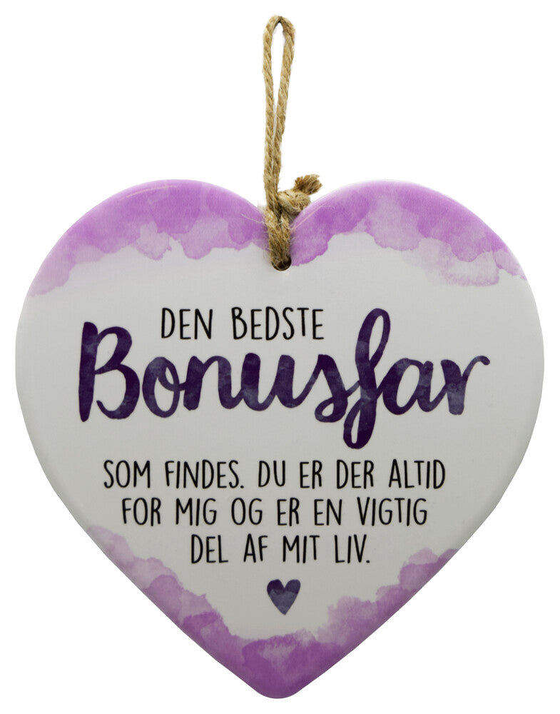 Keramikhjerte bonusfar enjoy hvid & lilla 15,5 x 15,5 cm